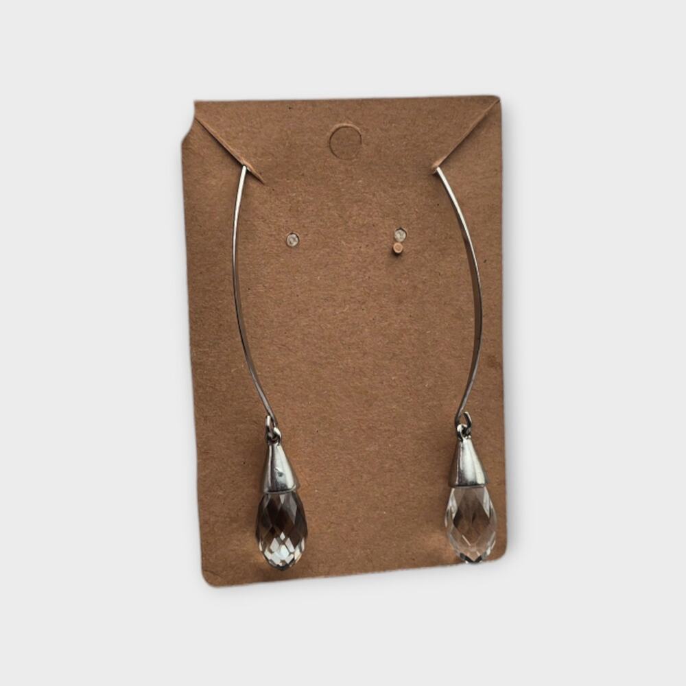 Faceted Glass Drop Silver Tone Long Wire Earrings